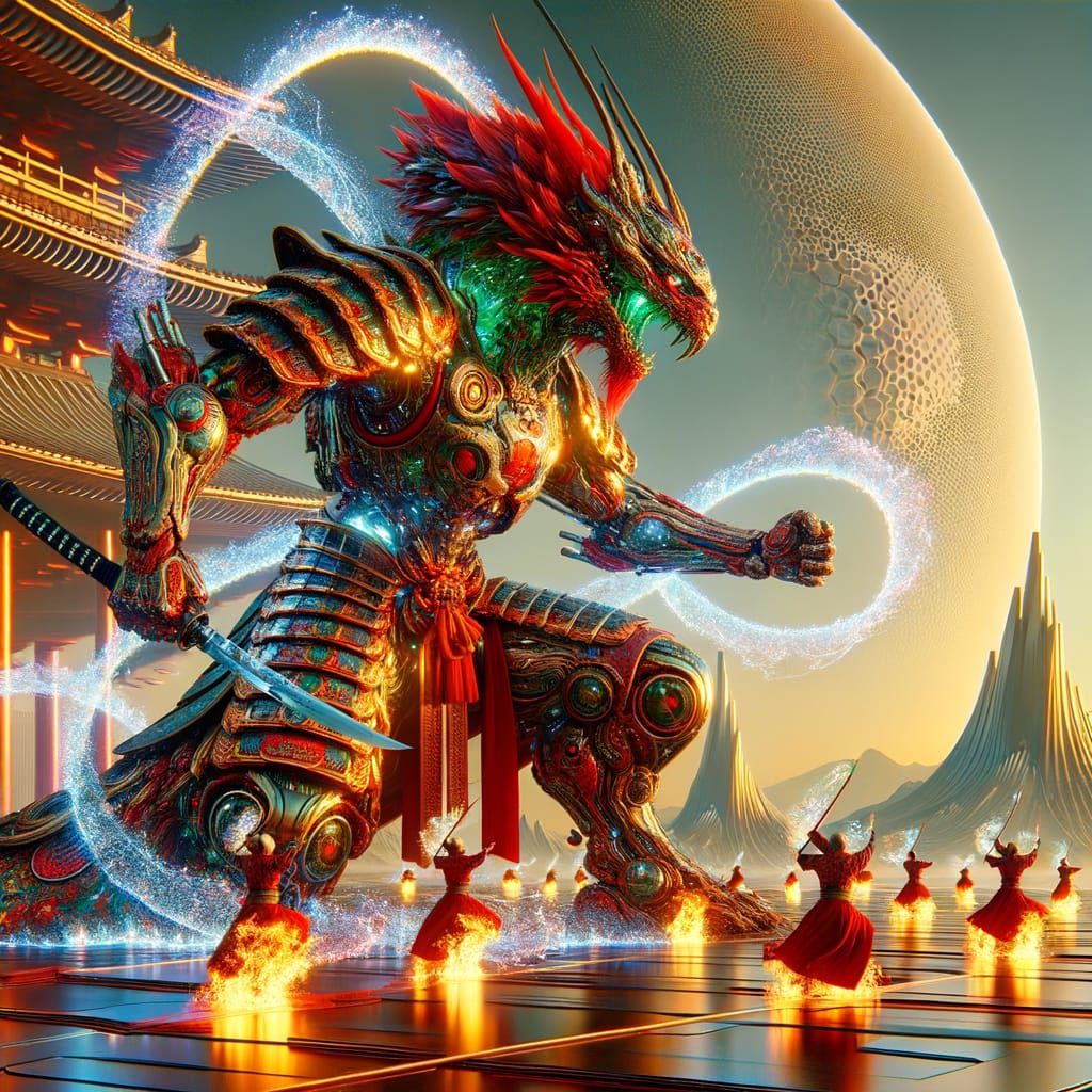 Cyborg Komodo Dragon Samurai on Alien Planet