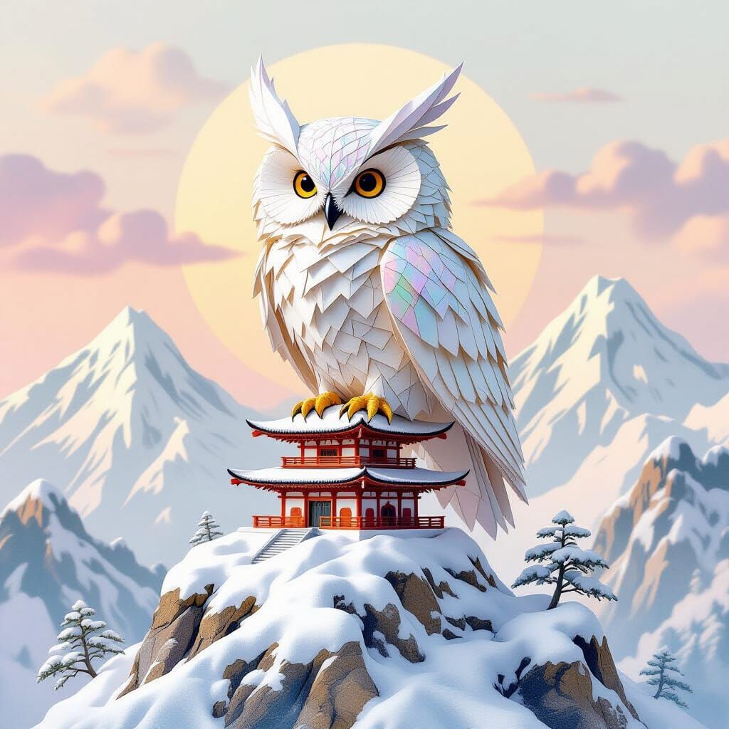Opalescent Origami Owl on Snowy Mountain Temple