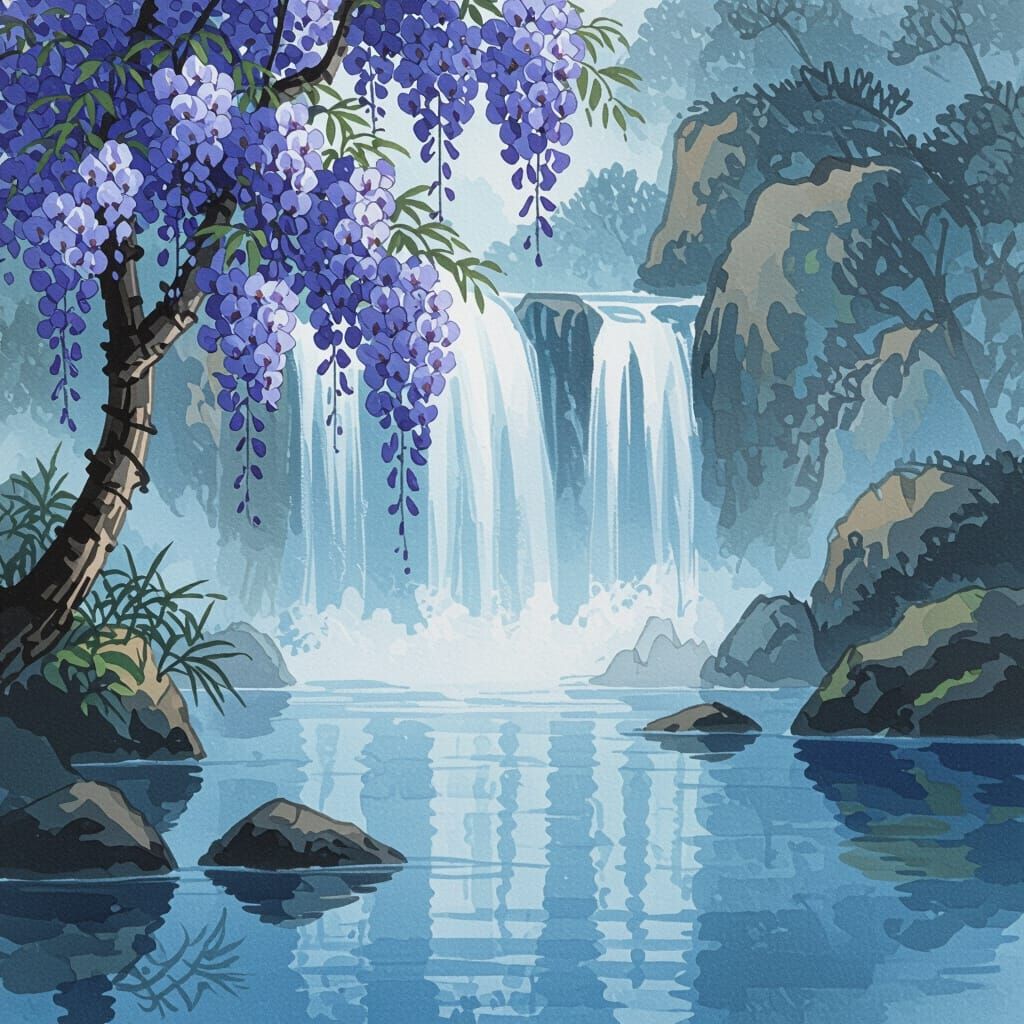Serene Wisteria Waterfall in Yamato-e Style