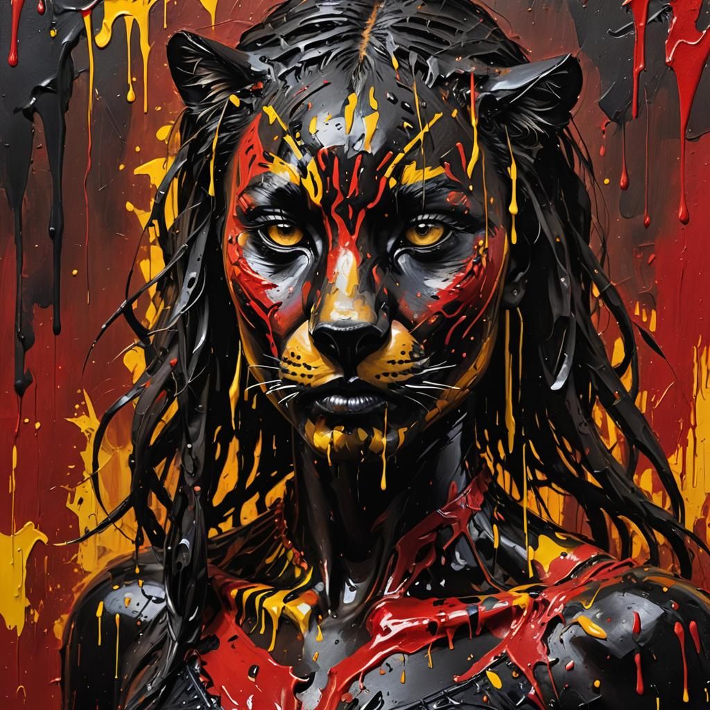 concept art, jungle, portrait panther, paint drips, red, black, yellow, body paint, face pain...
