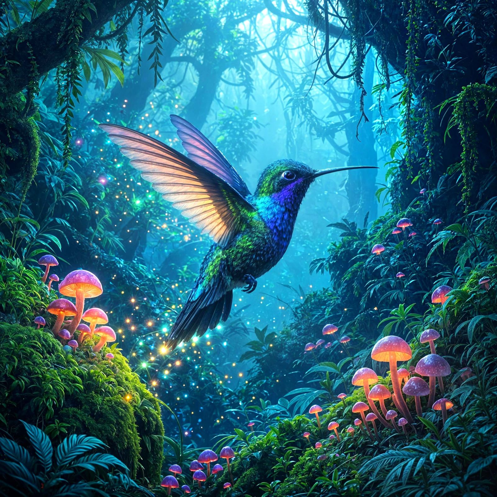 Bioluminescent Hummingbird in Alien Jungle, Fantasy Concept ...