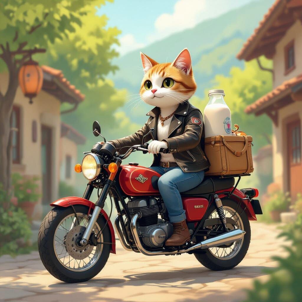 Cat Sells Milk on Motorcycle in Whimsical Village