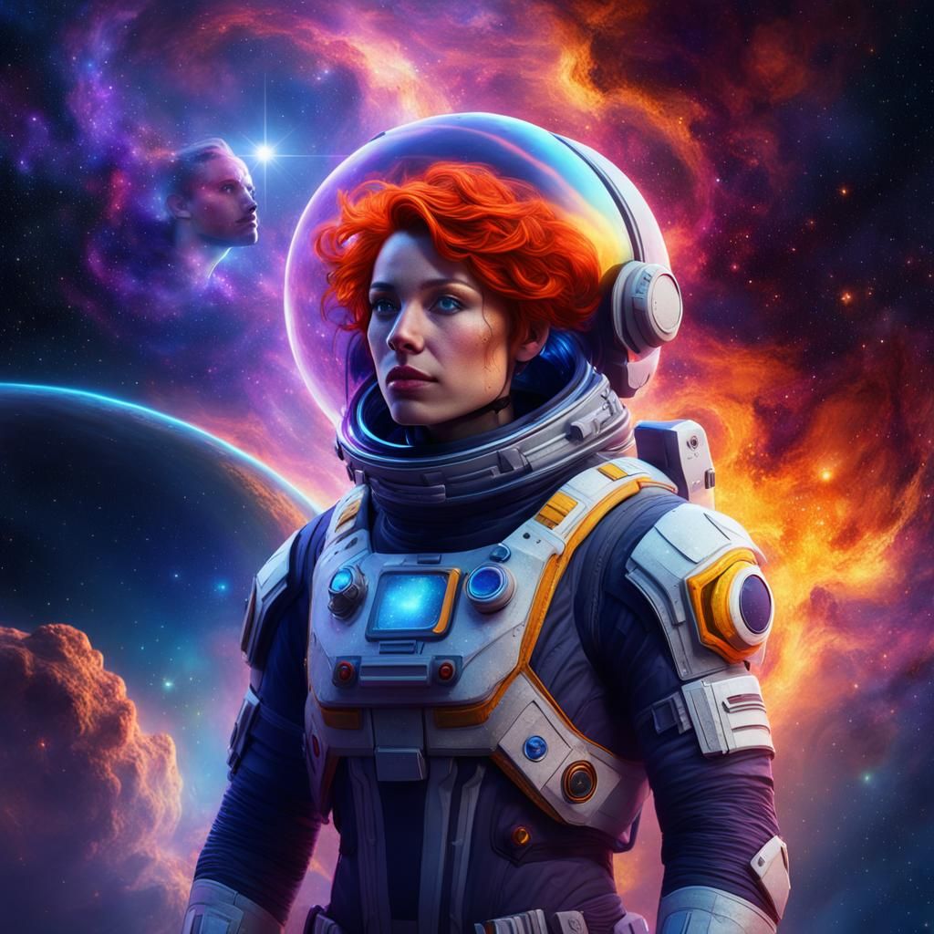 Young Space Explorer in Vibrant Nebula, Digital Art