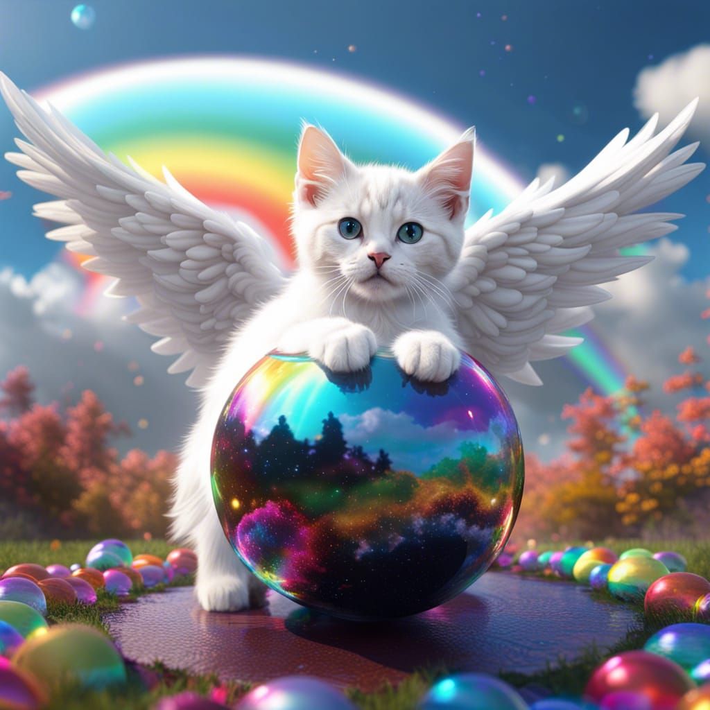 Angelic Kittens Playing Under Kaleidoscope Sky