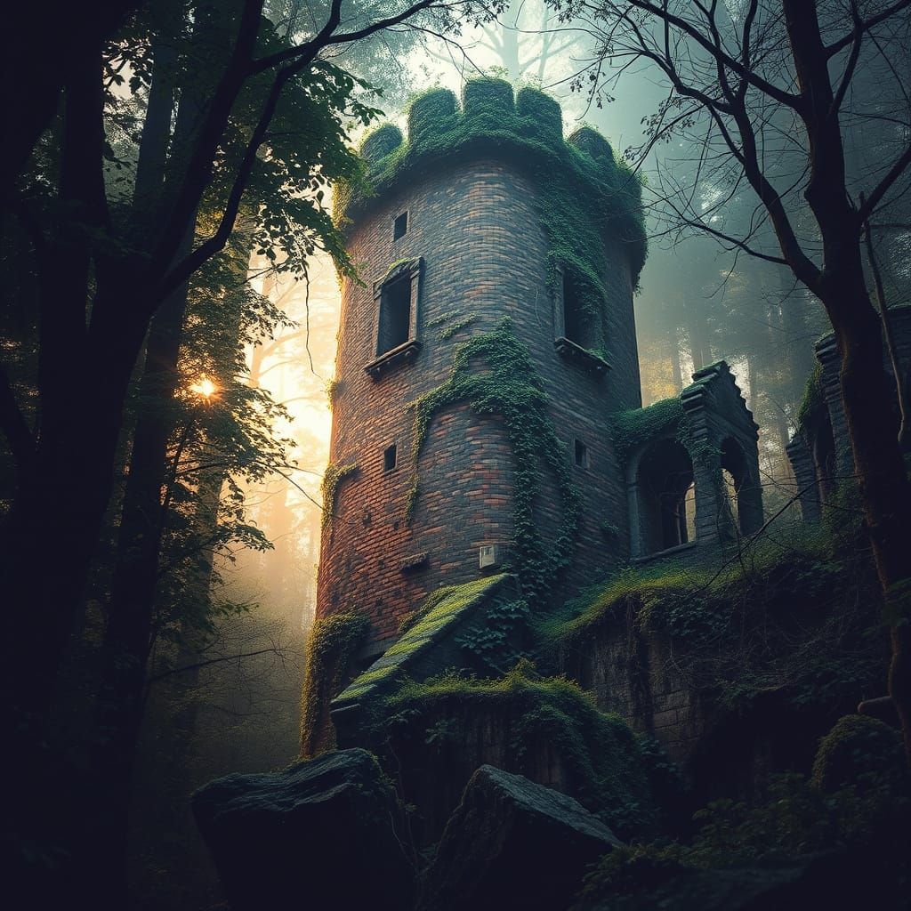 Ancient, Overgrown Red Brick Tower in Dense Jungle