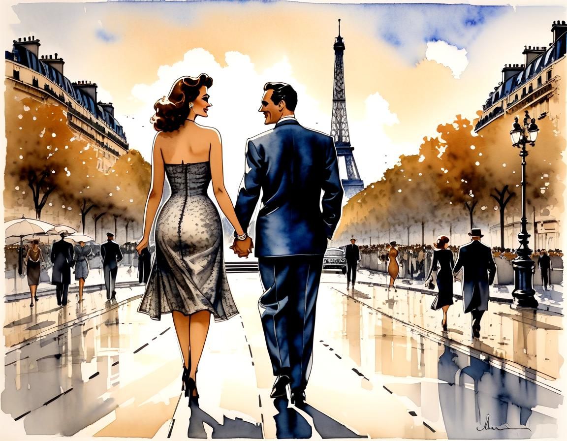 Couple Walking on Champs Elysees in Manara Style