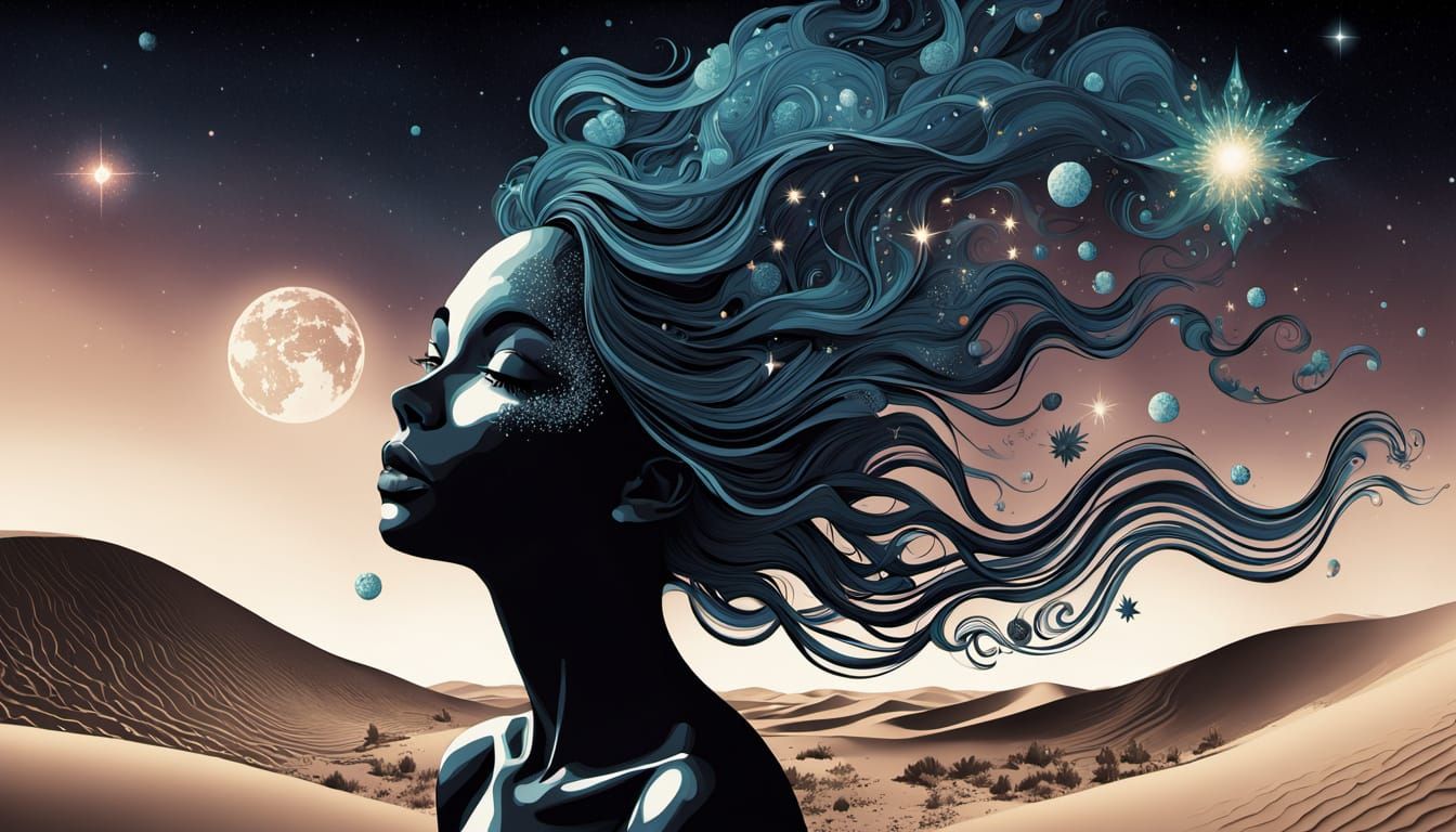 Goddess Creates Earth Amidst Starry Desert Nebula