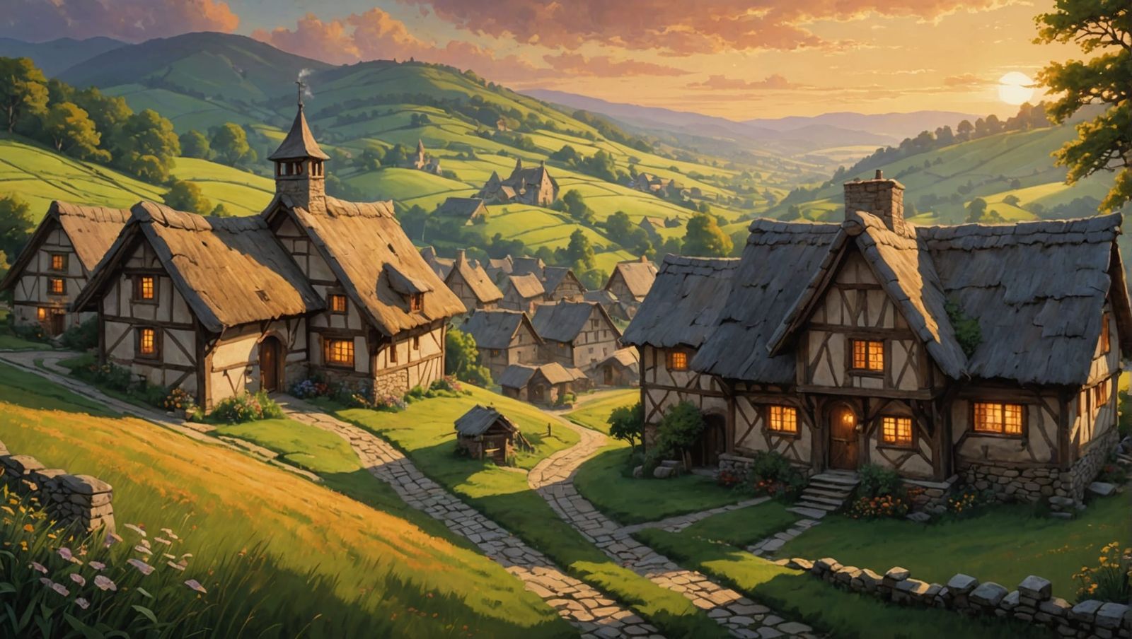 Rustic Village Scene in Acrylic Painting Style