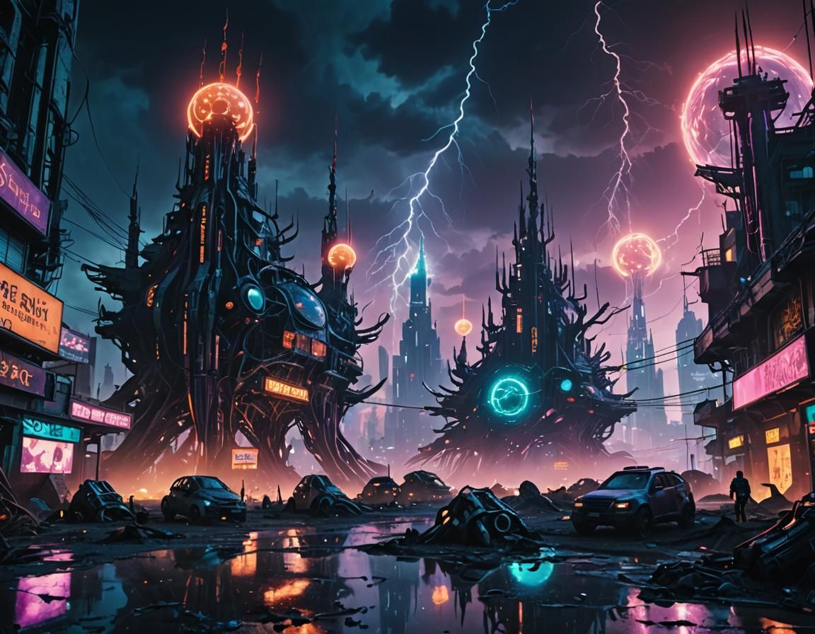 Cyberpunk Cityscape with Molten Rivers and Neon Lights