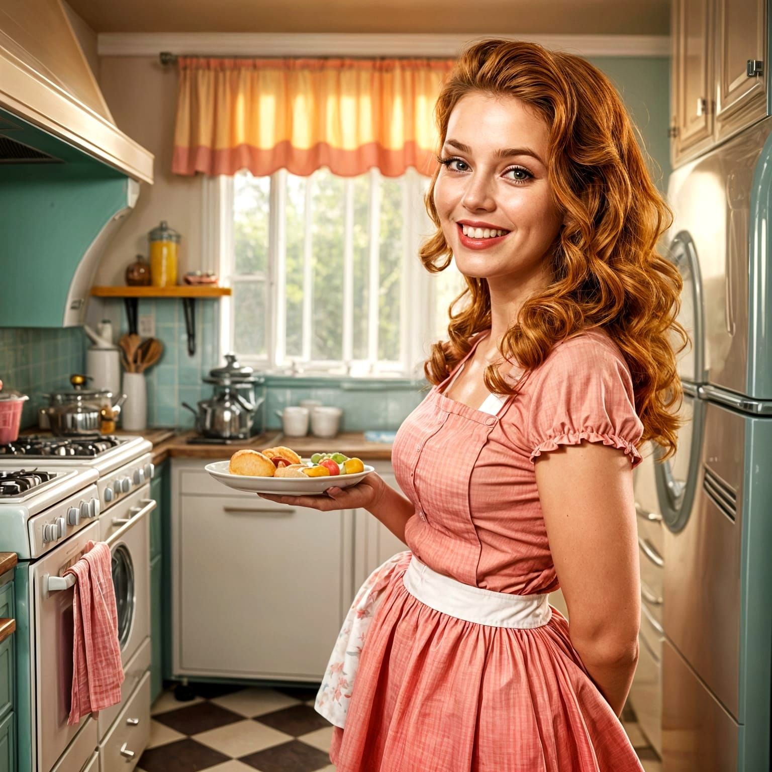 Happy 1950s Housewife in Vibrant Kitchen