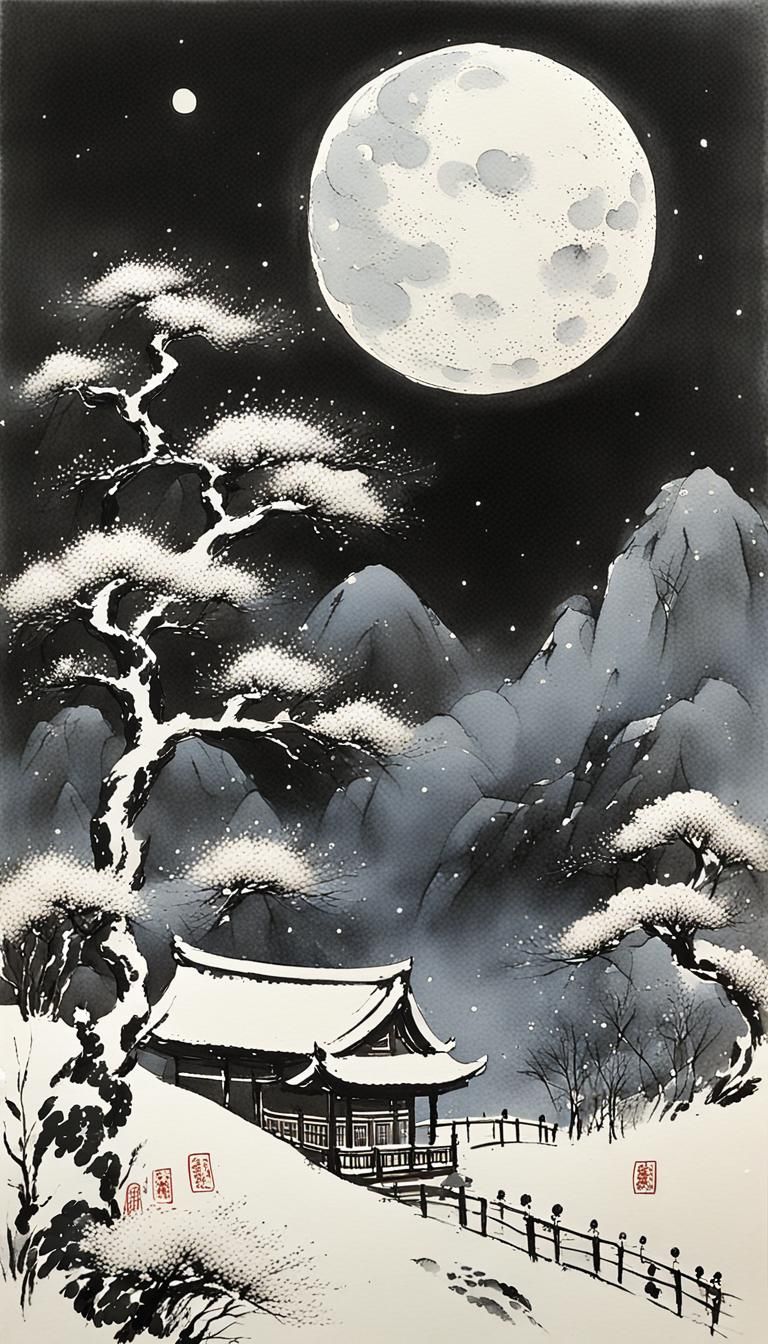 Wind, Flowers, Snow, Moon in Chinese Ink Painting