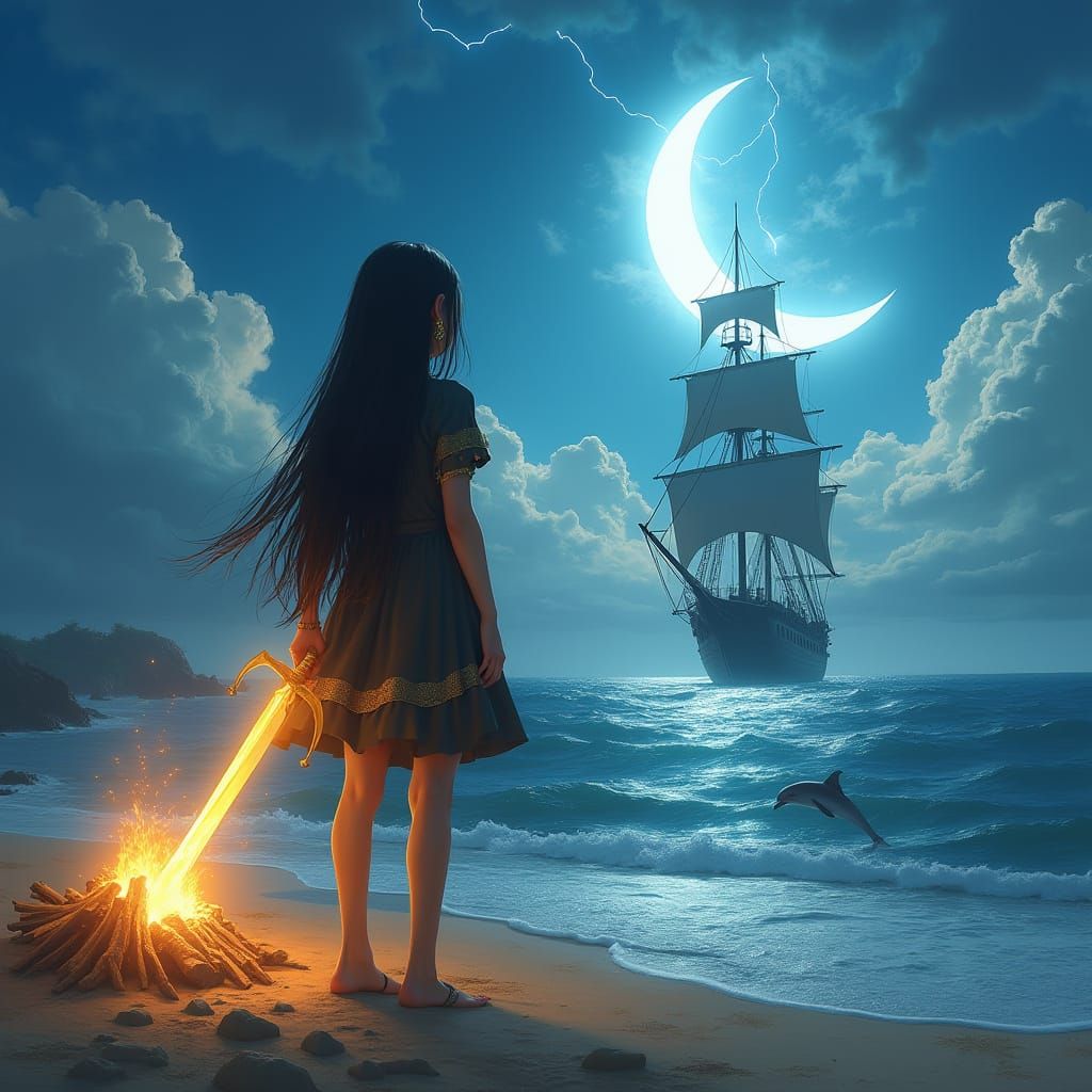 Girl Watches Celestial Pirate Ship Over Moonlit Beach