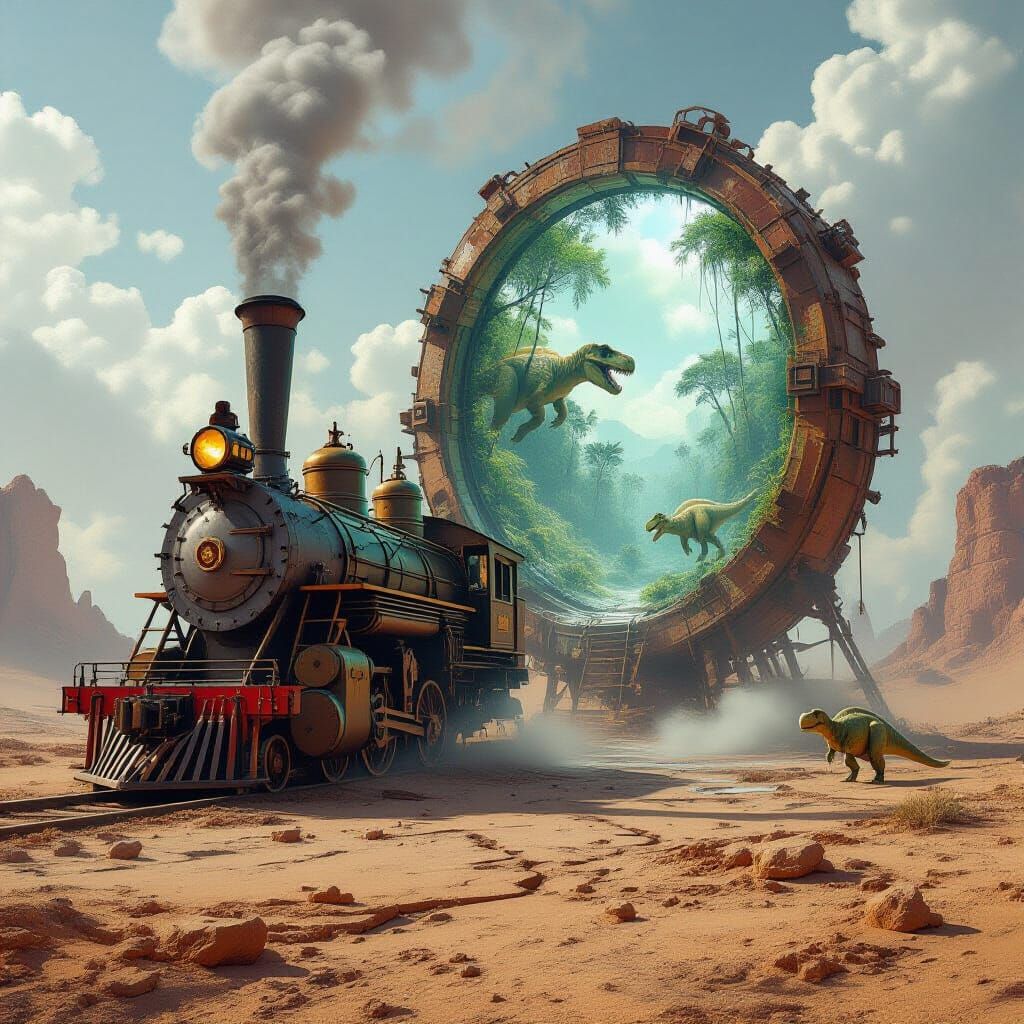 Steampunk Engine and Dinosaur Portal Concept Art