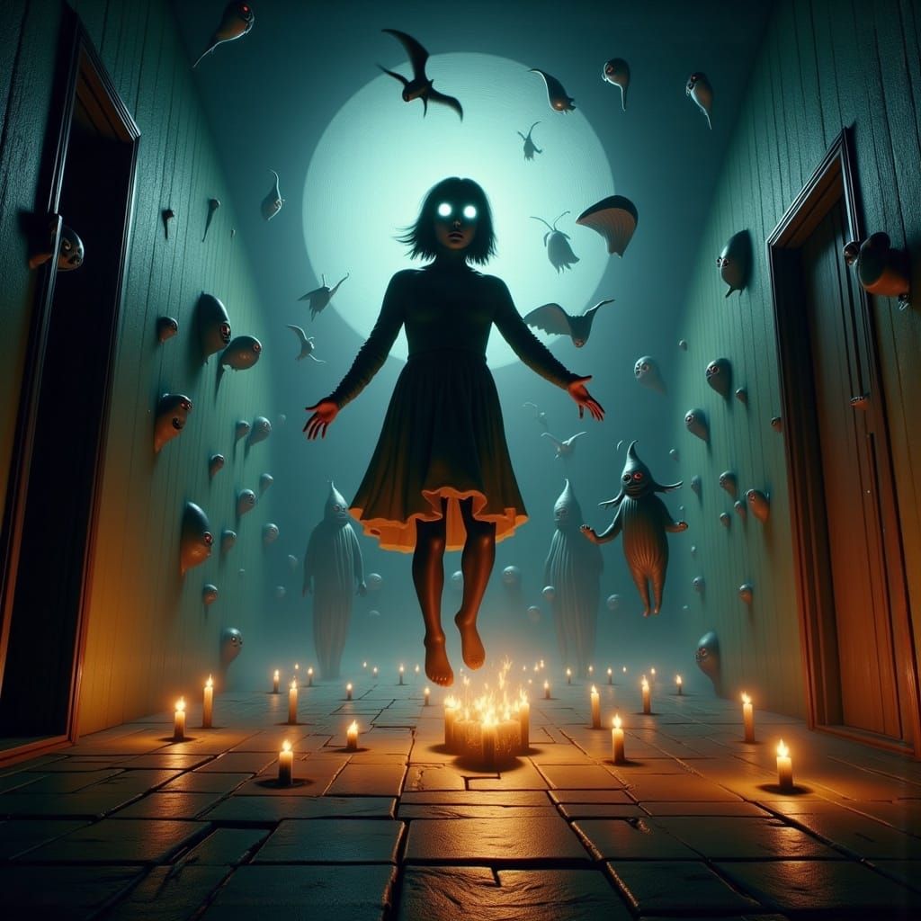 Surreal Levitation Scene with Glowing Eyes