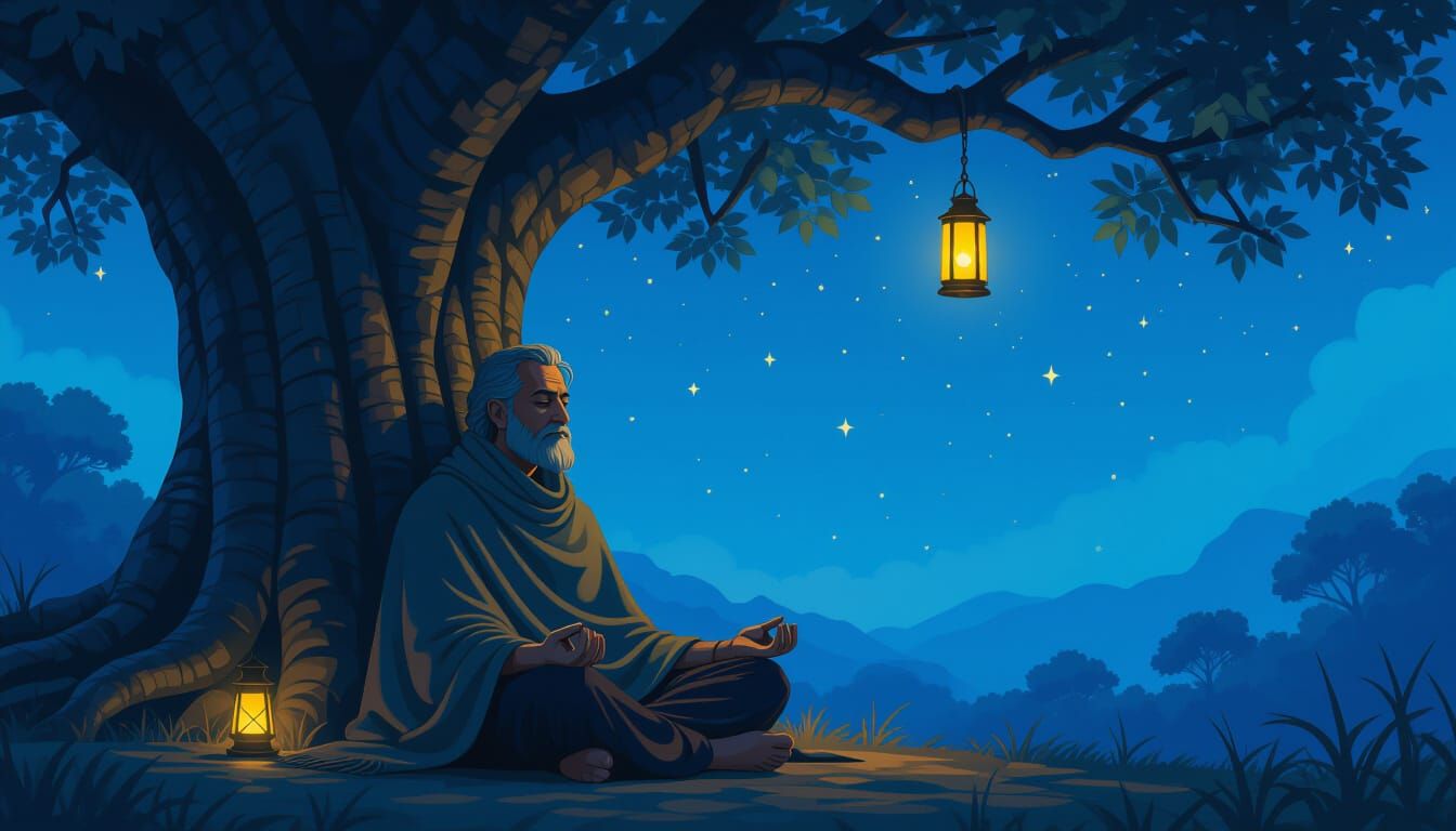 Meditating Man Under Banyan Tree in Fantasy Landscape