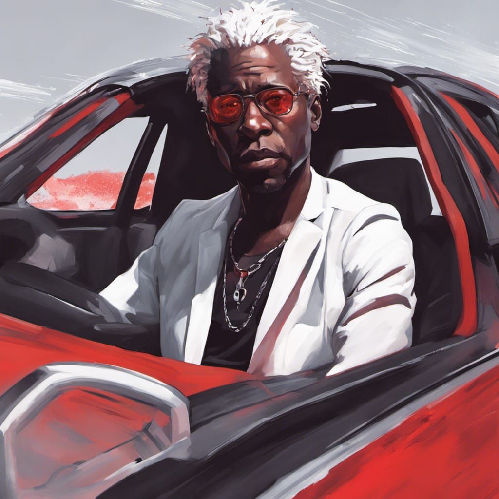 Hyperrealistic Black Man with Red Eyes in Car