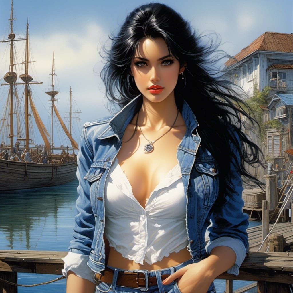 Beautiful Woman in Denim Jacket, Luis Royo Style