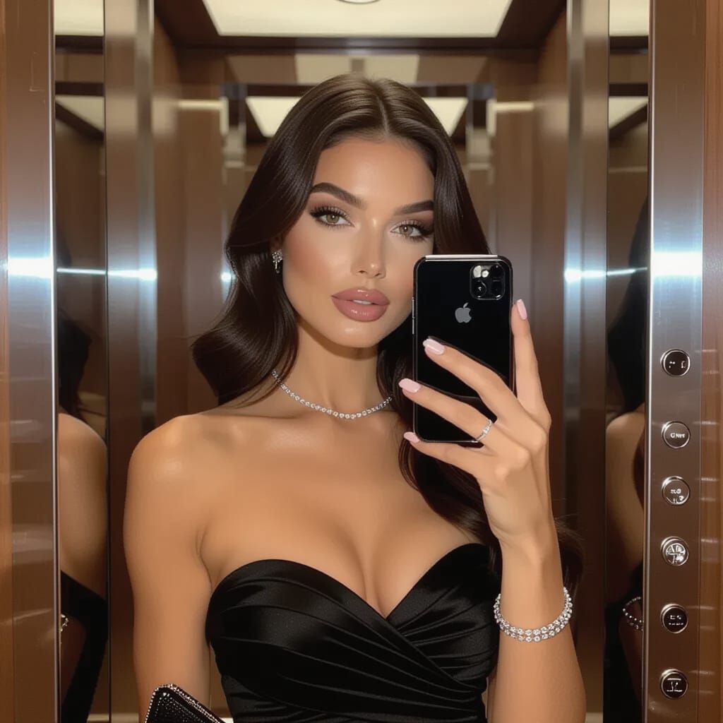 Fashionable Woman's Mirror Selfie in Luxury Elevator