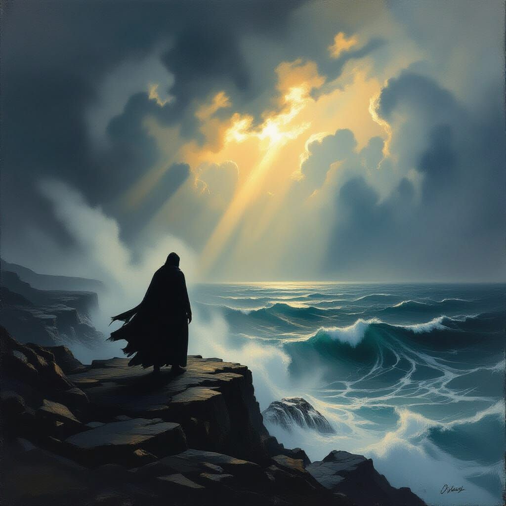 Solitary Figure on Jagged Rocks Overlooking Turbulent Ocean