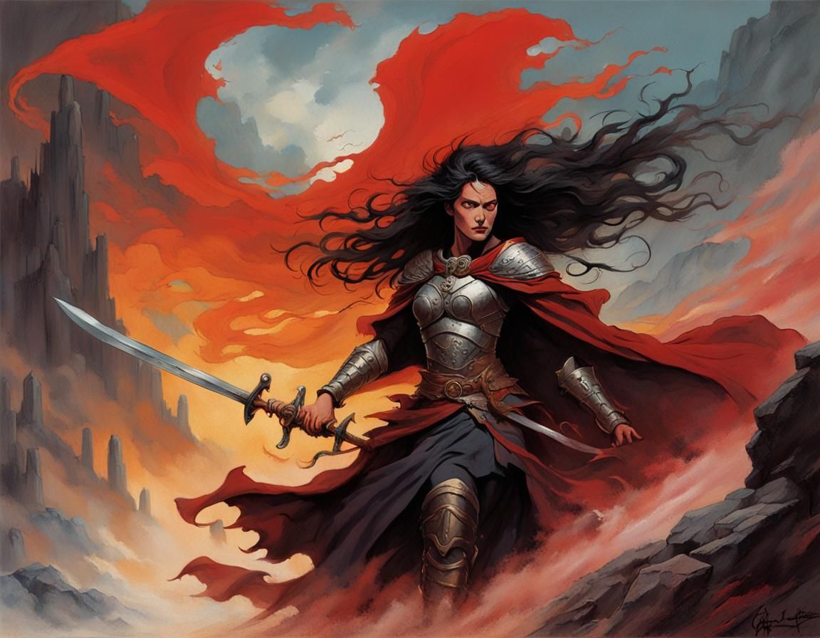 Warrior Woman in Red Mist, Frazetta Style