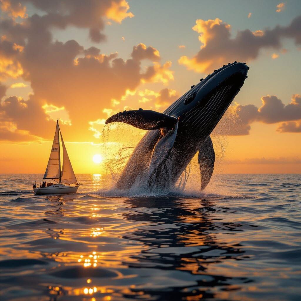 Giant Whale Breaches During Golden Sunset, Rips Ocean Surfac...