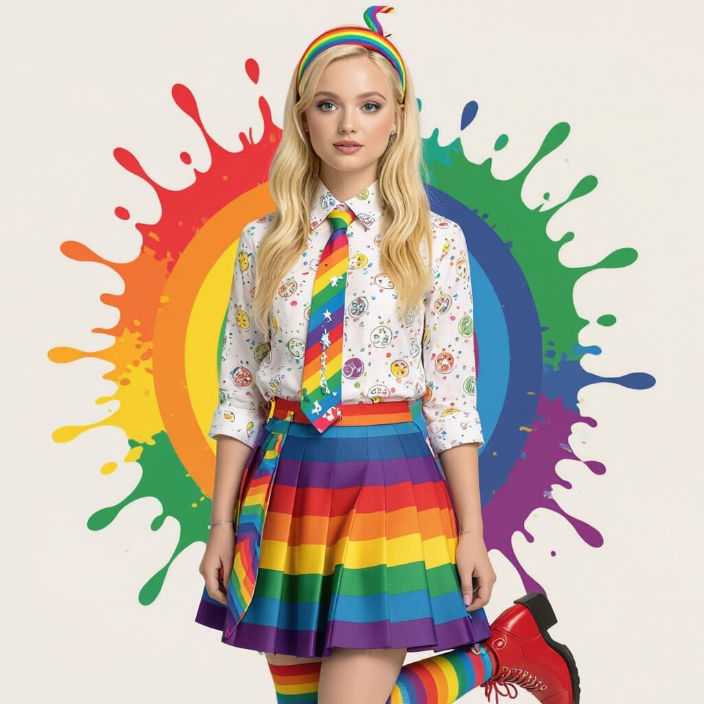 Luna Lovegood in Full Rainbow Outfit with Paint Splatter