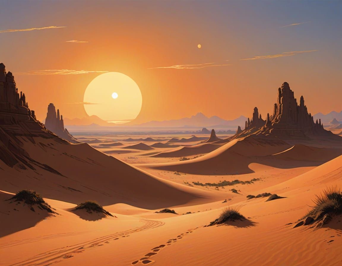 Tatooine Sunset Landscape in Syd Mead-Inspired Concept Art