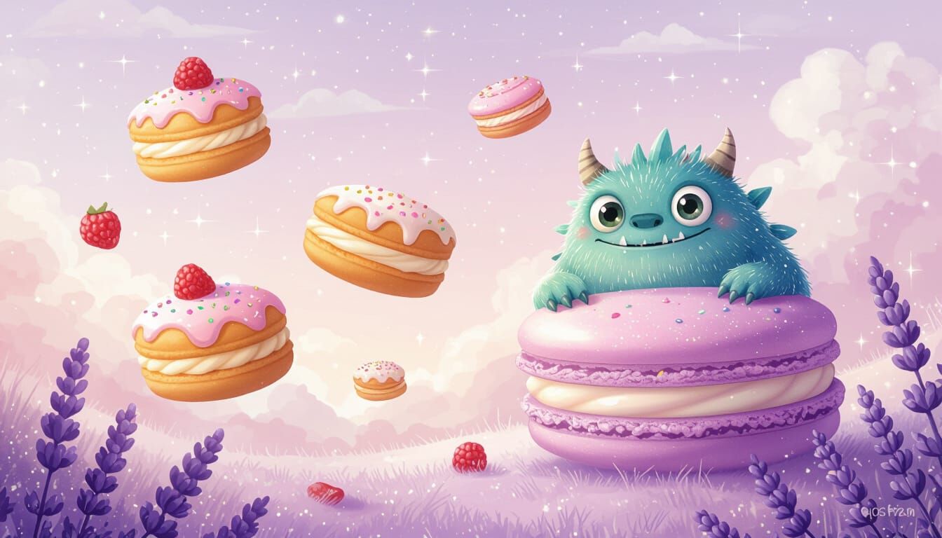 Whimsical Pastries in Lavender Sky with Friendly Monster