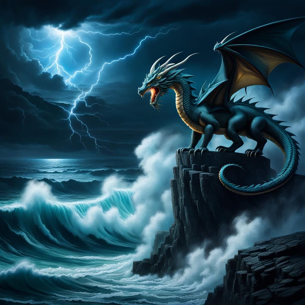 Dragon Overlooking Stormy Sea in Surreal Moonlight