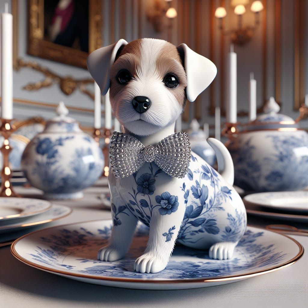 Blue Toile de Jouy Porcelain Jack Russell Terrier