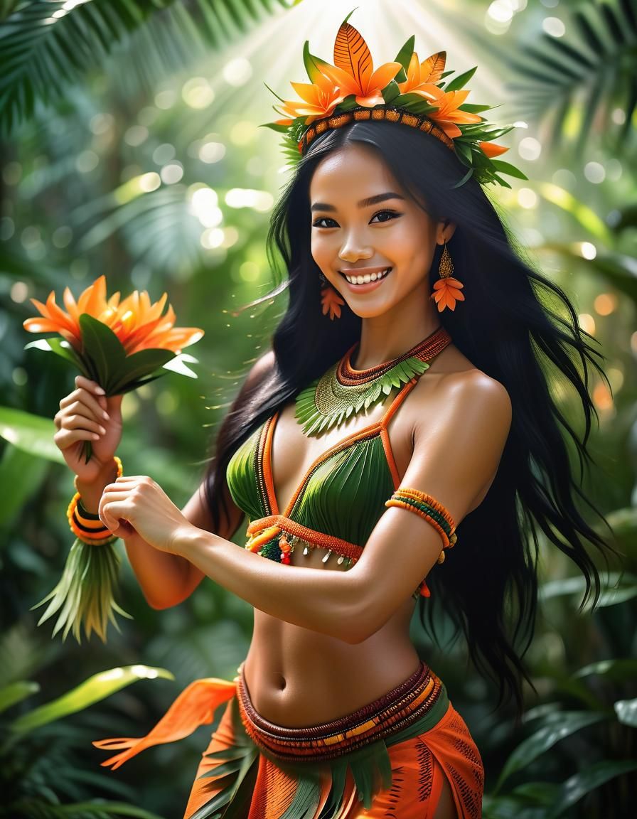Exotic Malaysian Princess Dancing in Sunny Jungle