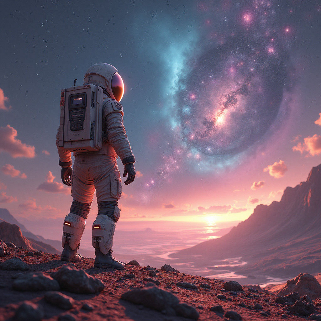 Astronaut on Alien Planet with Cosmic Vista