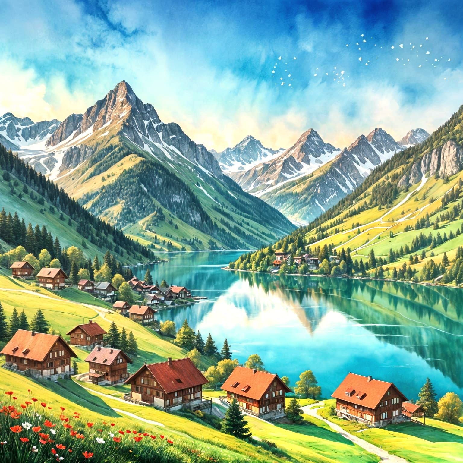 Storybook Watercolor of Swiss Alps and Lungernsee