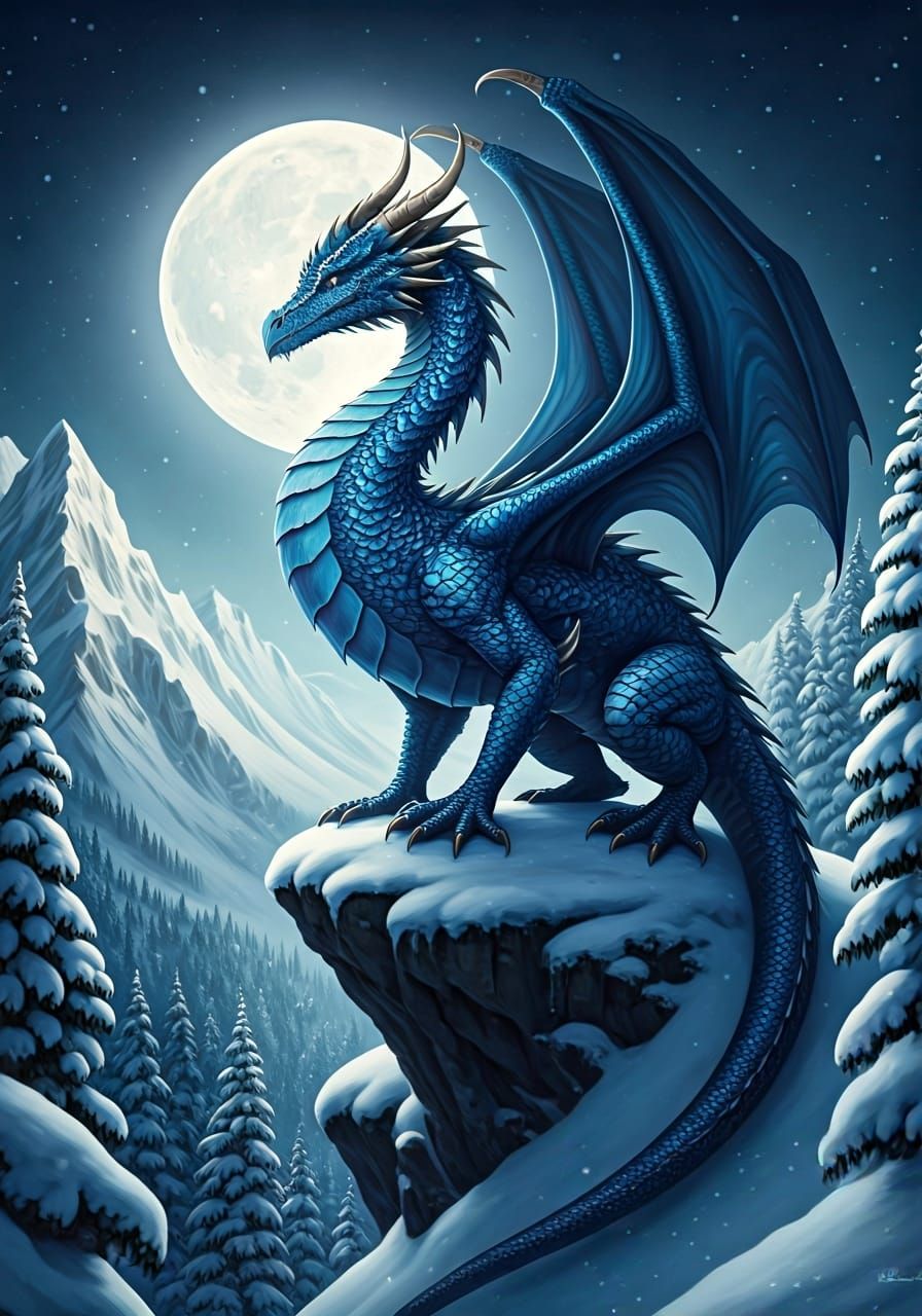 Sapphire Dragon on Snowy Peak in Art Nouveau Style