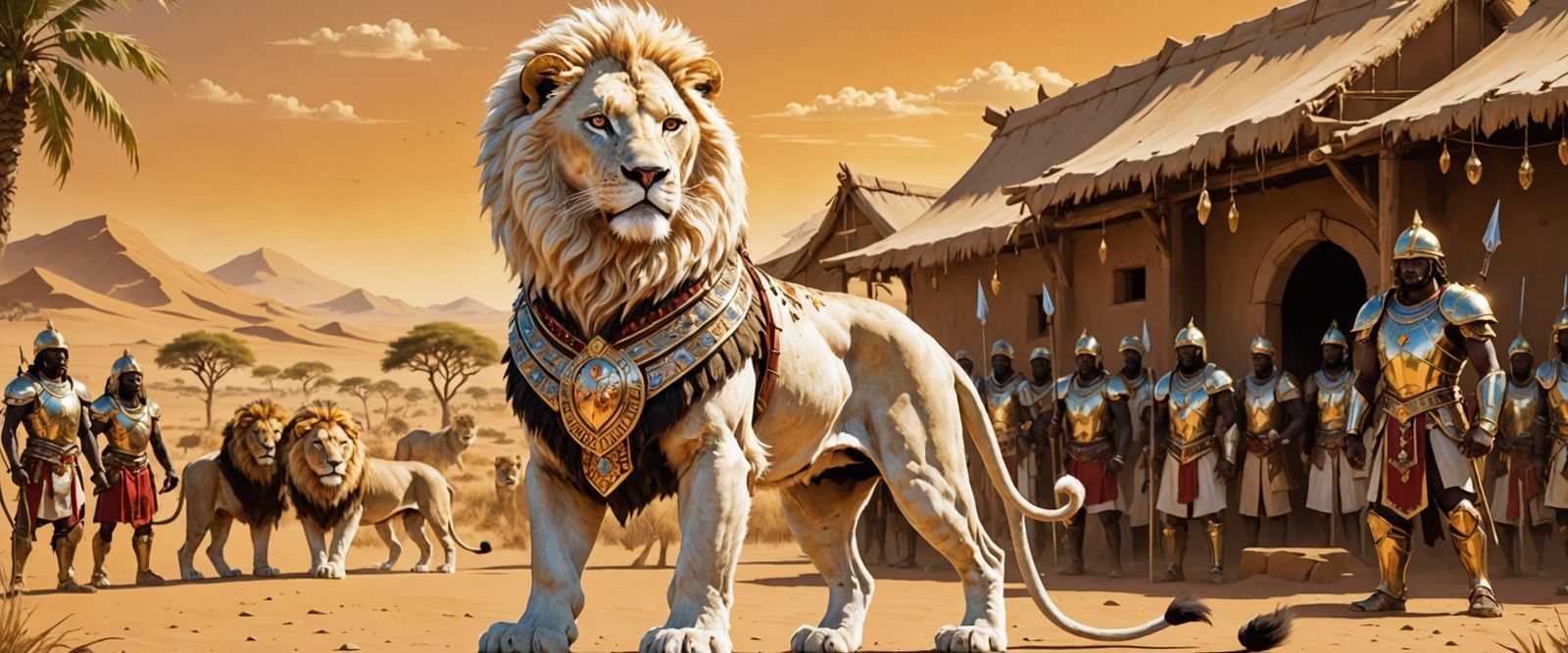Regal White Lion in Jeweled Armor in African Village