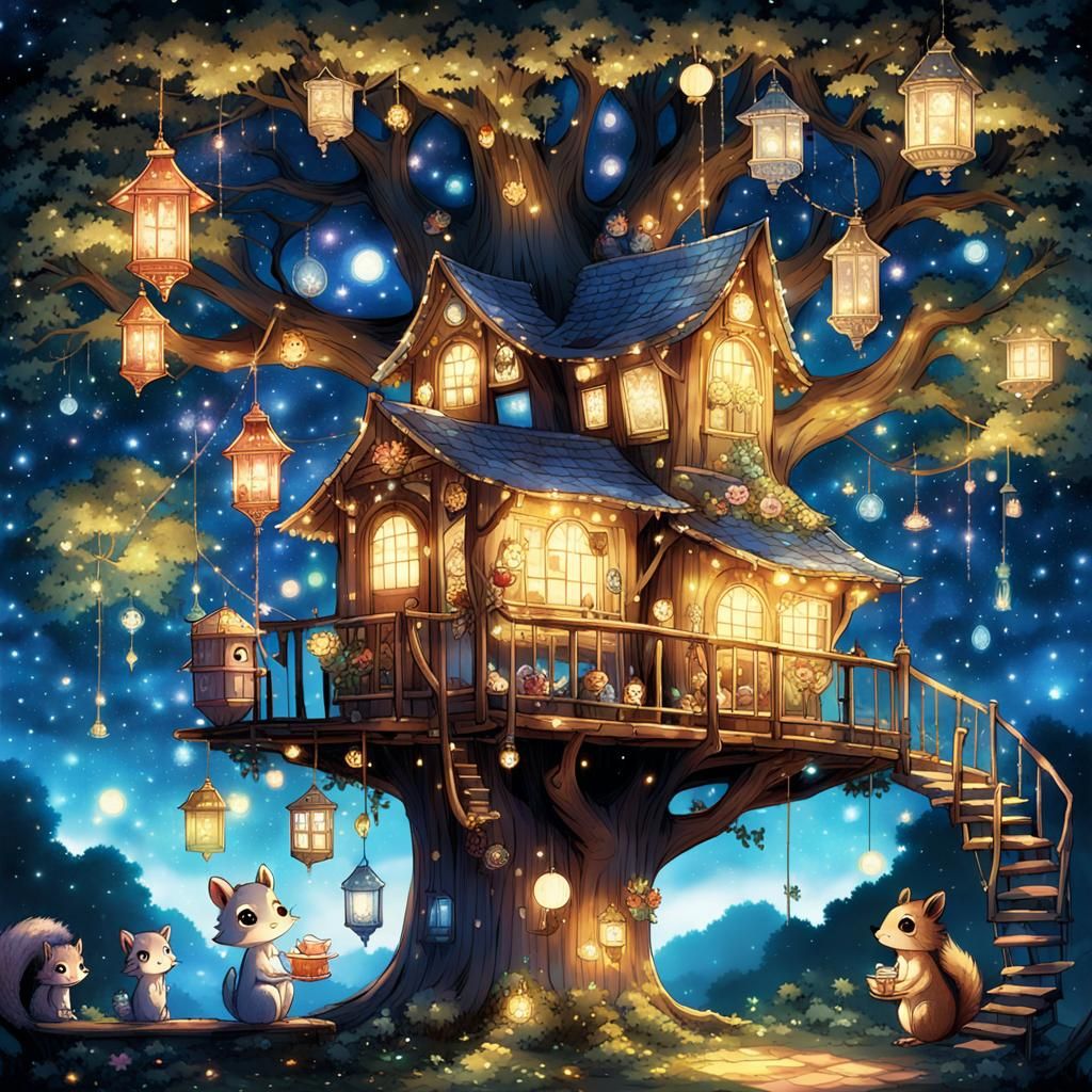 Magical Tea Party in Enchanted Treehouse, Anime Style