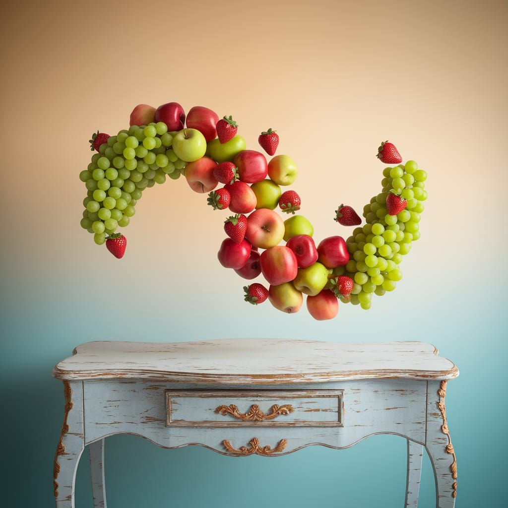Floating Fruit Above Rustic Table in Dreamlike Scene