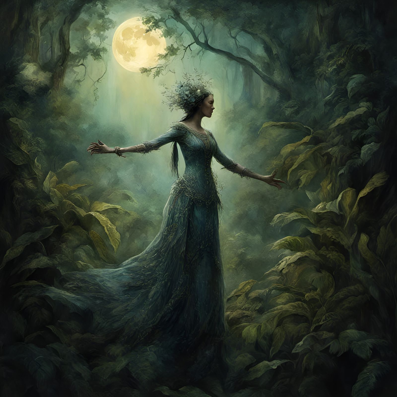 Victorian Priestess Dancing in Moonlit Rainforest