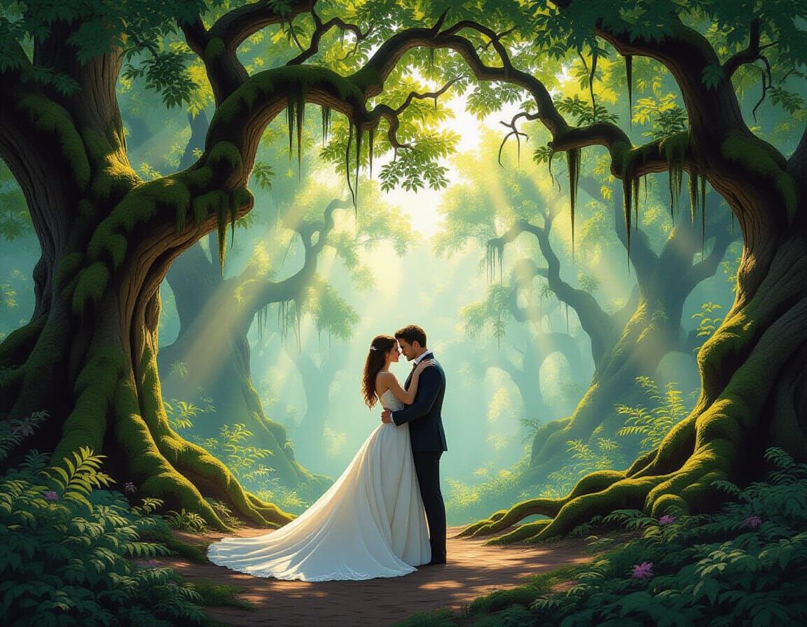 Romantic Couple Embracing in Enchanted Forest