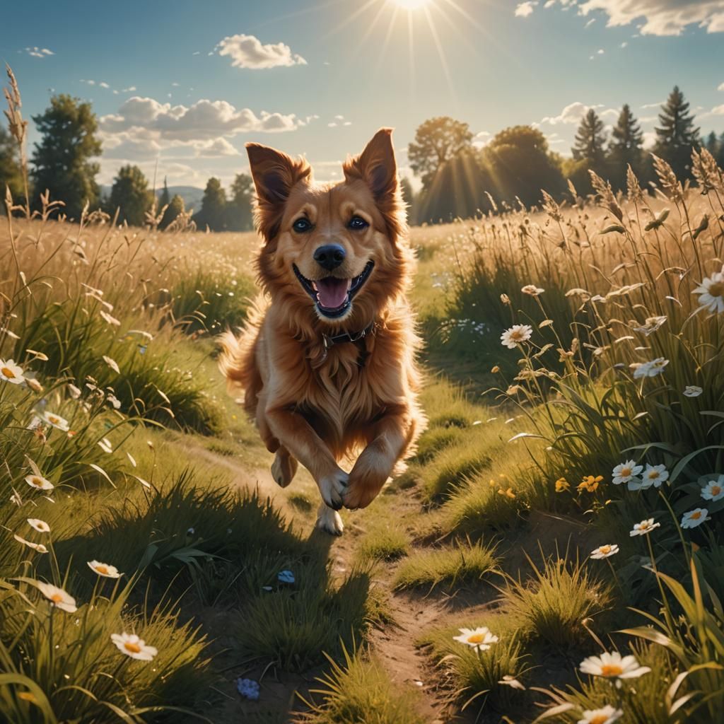 Dog Running in Sunny Field of Heaven