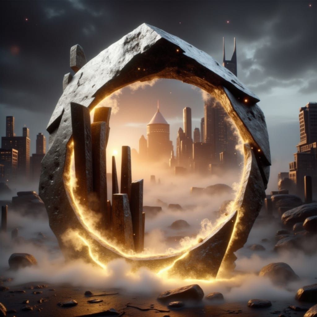 Cyberpunk Portal Composed of Stone and Metal