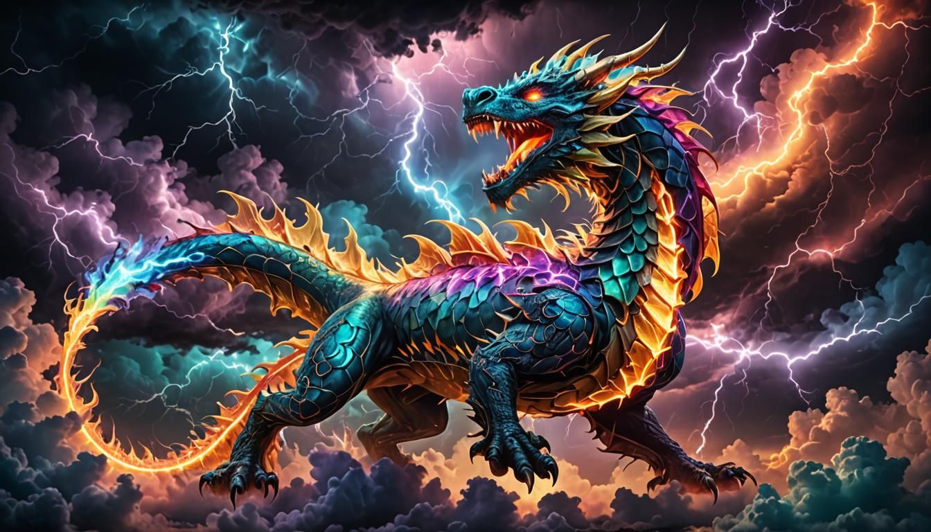 Bioluminescent Dragon in Fractal Storm with Neon Glow