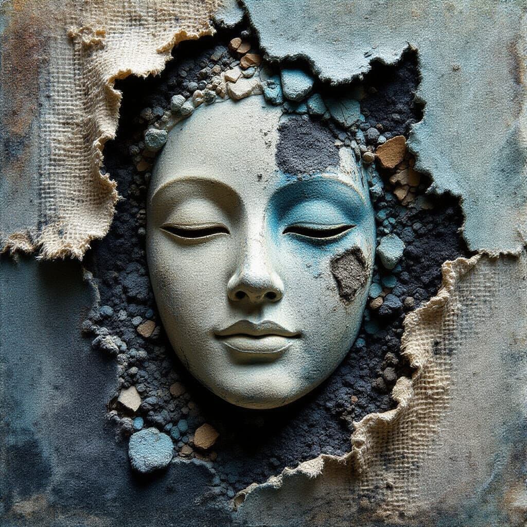 Encaustic Impasto Mask Artwork Symbolizing Spiritual Awakeni...