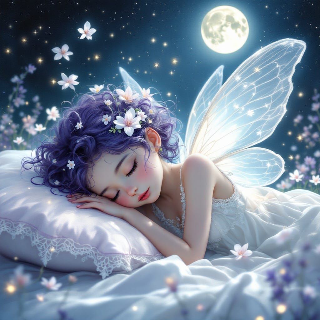 Sleeping Fairy in Moonlight, Dreamlike Airbrushed Art
