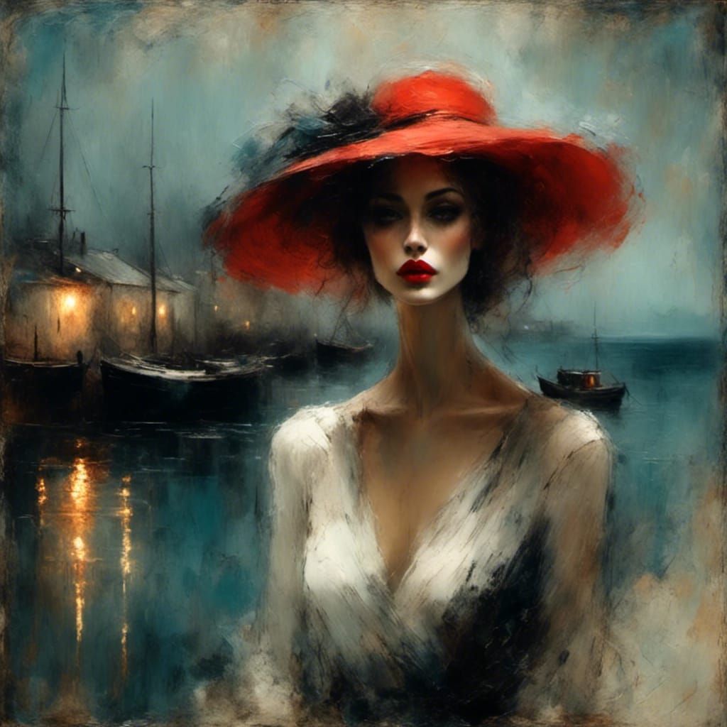 Mysterious Woman Portrait on Wet Boardwalk in Dark Fantasy