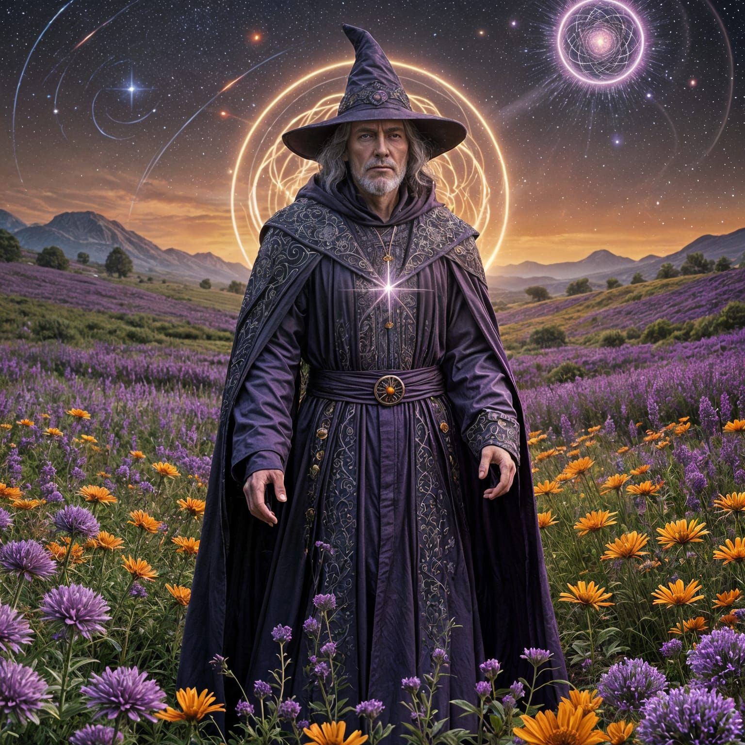 Gothic Wizard in a Field of Blooming Flowers