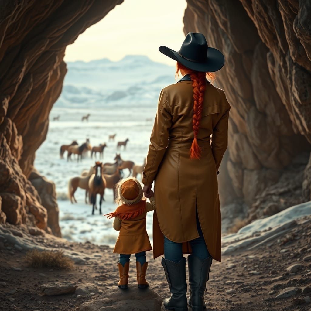 Mother and Daughter in Snowy Desert Landscape