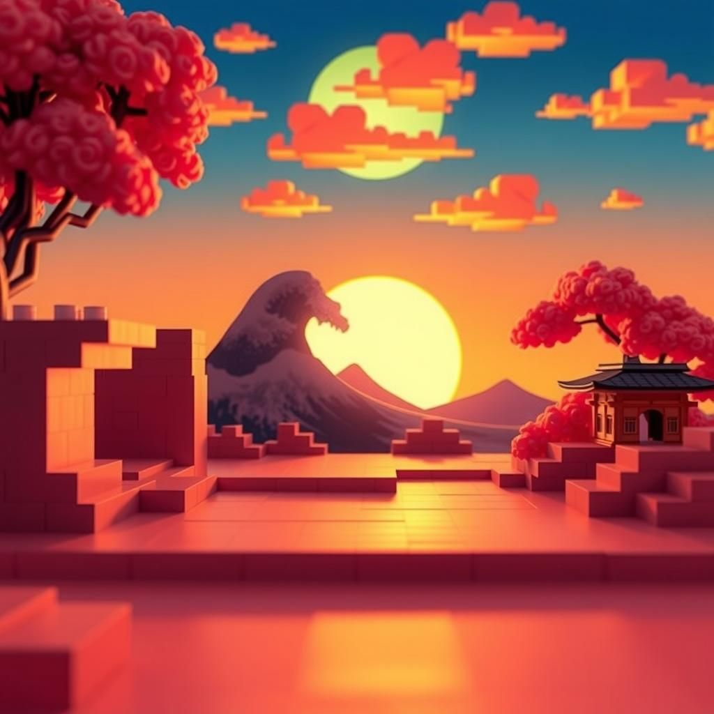 Vibrant Sunset Pixel Art in Cubic Surrealist Style
