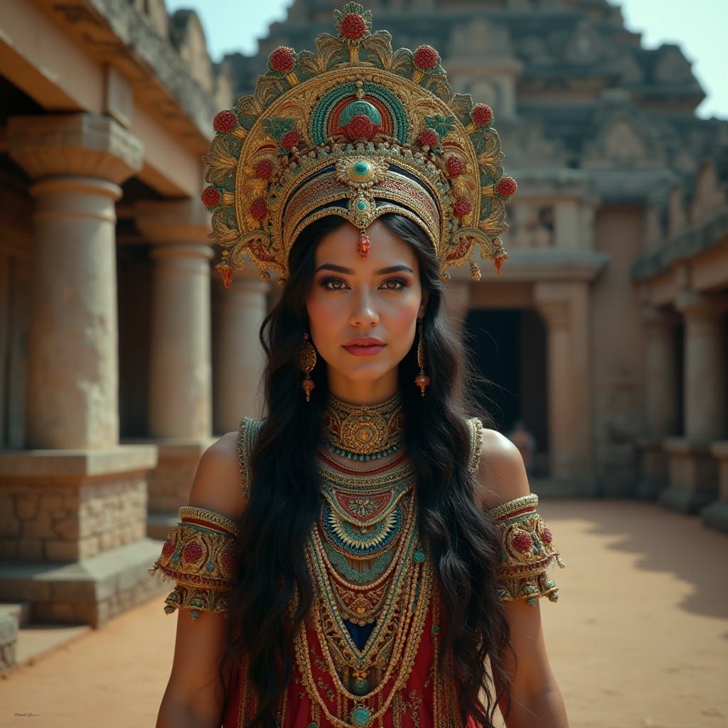 Aztec Princess Before Temple, Magazine Photography Style