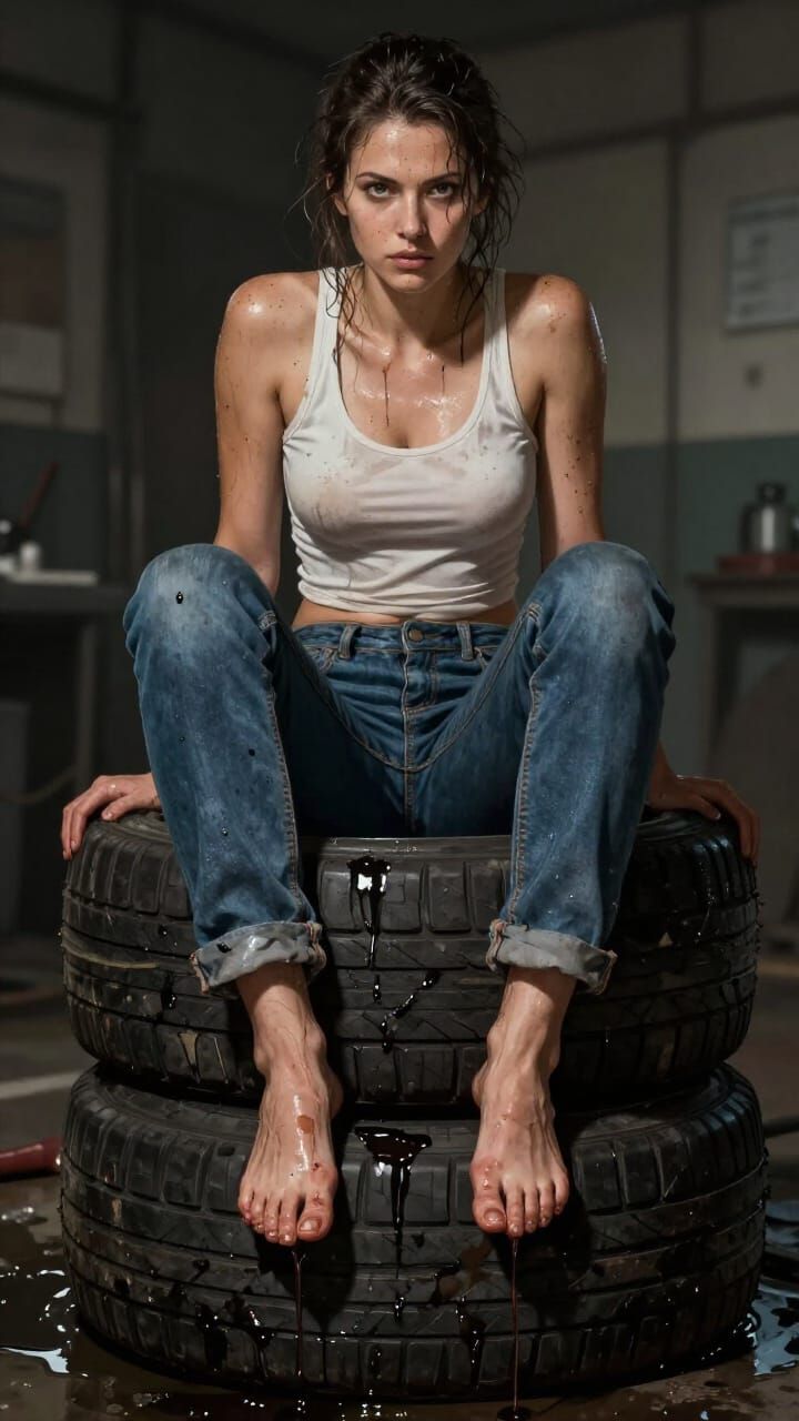 Grease-Covered Mechanic Sitting on Tires in Gritty Style